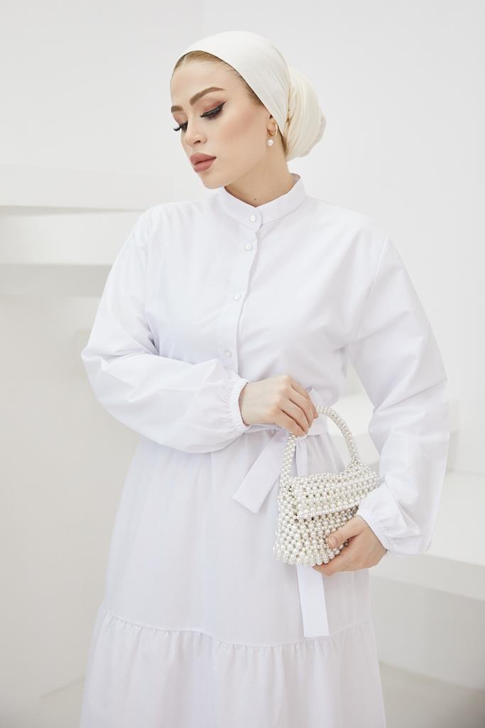 BNG Women Judge Collar Buttoned Hijab Dress White - Clermont