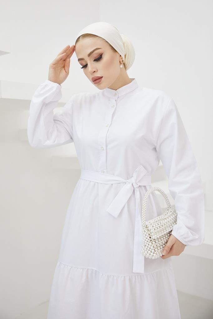 BNG Women Judge Collar Buttoned Hijab Dress White - Clermont