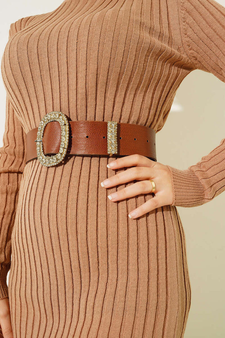 BNG Women Half Neck Knit Dress Camel - Clermont