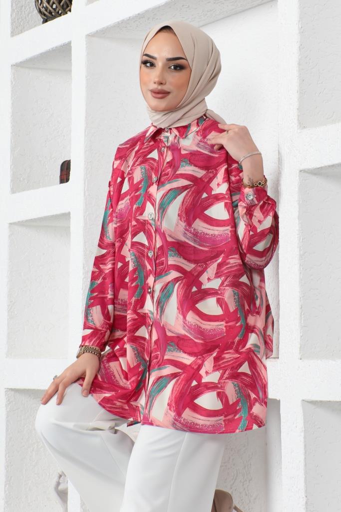 BNG Women Patterned Hijab Shirt Fuchsia 8880 - Uzhhorod