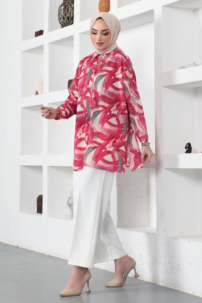 BNG Women Patterned Hijab Shirt Fuchsia 8880 - Uzhhorod