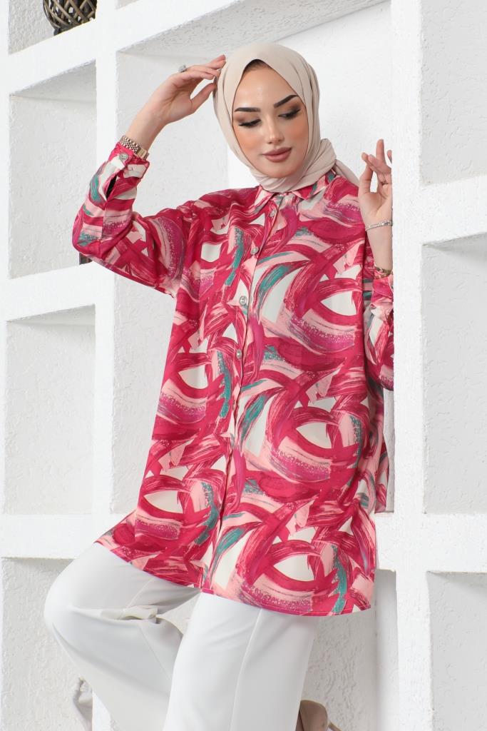 BNG Women Patterned Hijab Shirt Fuchsia 8880 - Uzhhorod