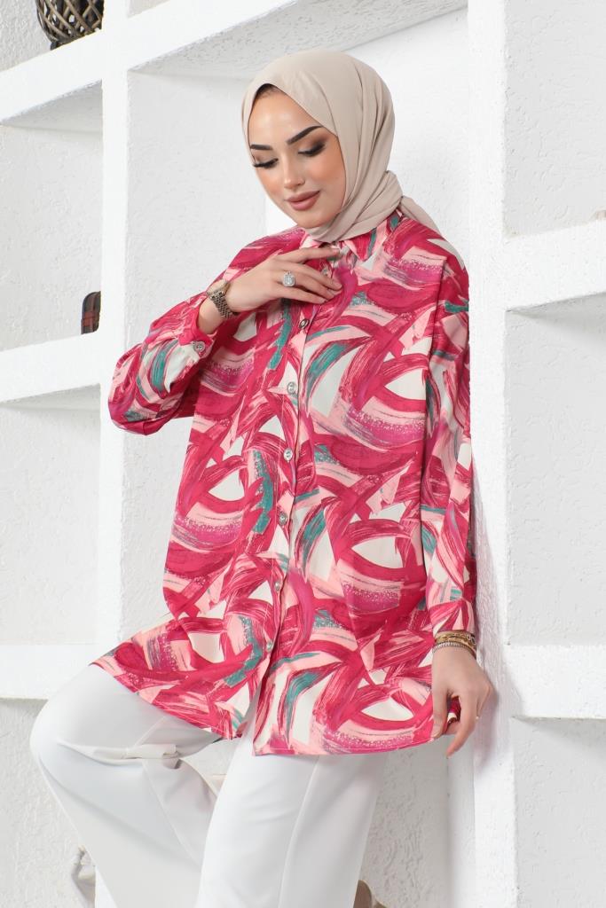 BNG Women Patterned Hijab Shirt Fuchsia 8880 - Uzhhorod