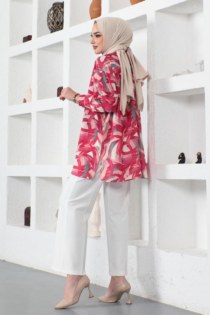BNG Women Patterned Hijab Shirt Fuchsia 8880 - Uzhhorod
