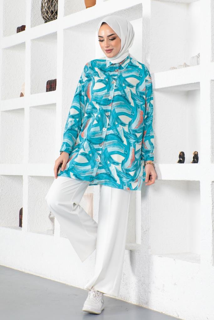 BNG Women Patterned Hijab Shirt Turquoise 8880 - Pátzcuaro