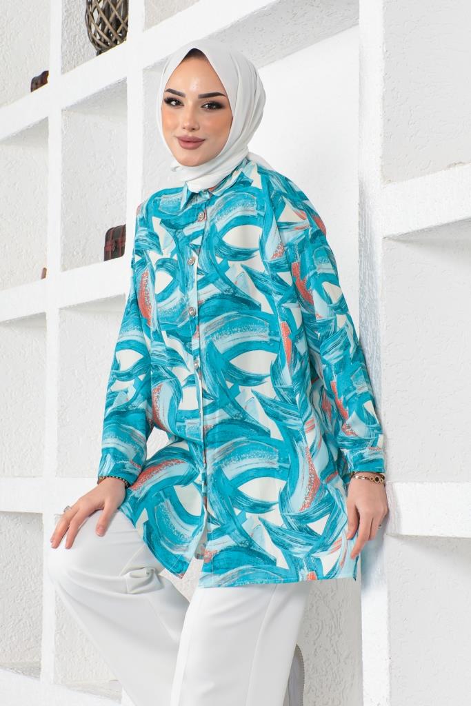 BNG Women Patterned Hijab Shirt Turquoise 8880 - Pátzcuaro