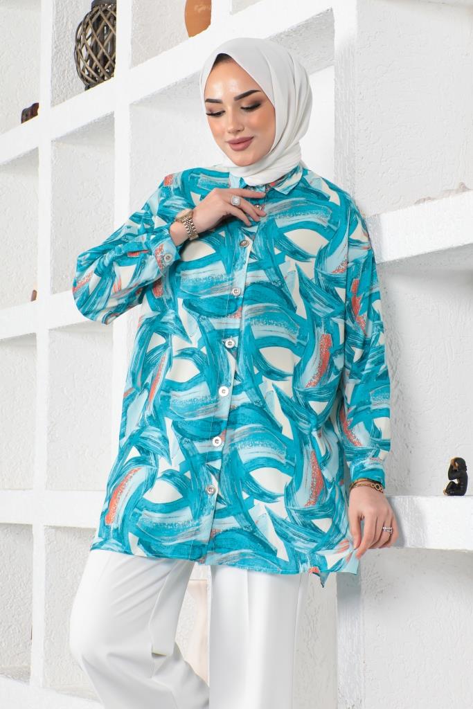 BNG Women Patterned Hijab Shirt Turquoise 8880 - Pátzcuaro