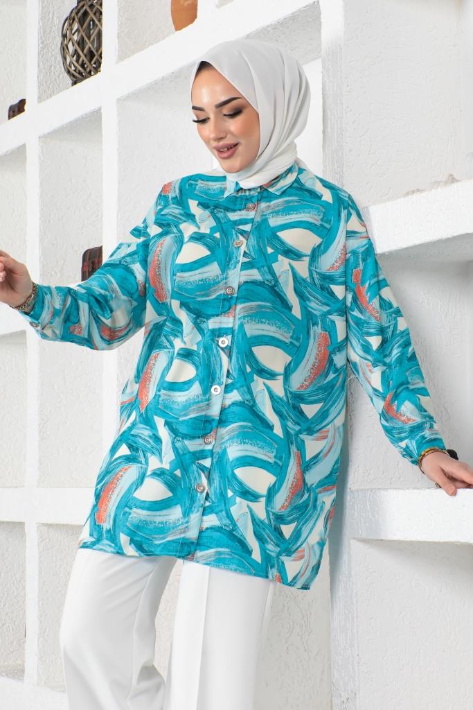 BNG Women Patterned Hijab Shirt Turquoise 8880 - Pátzcuaro