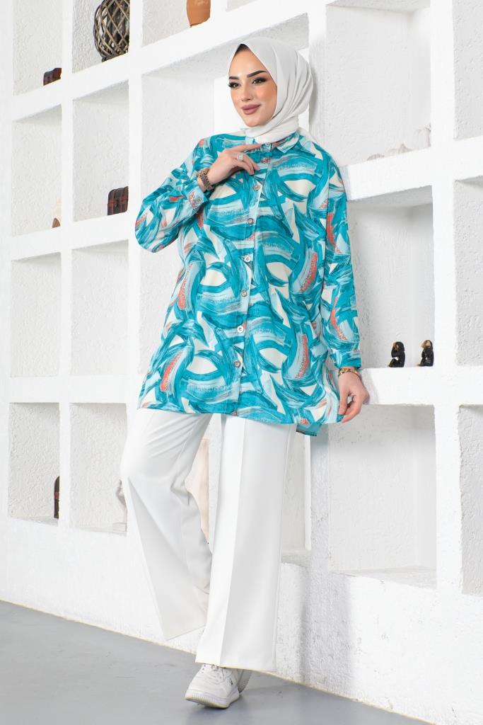 BNG Women Patterned Hijab Shirt Turquoise 8880 - Pátzcuaro