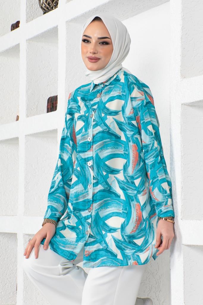 BNG Women Patterned Hijab Shirt Turquoise 8880 - Pátzcuaro