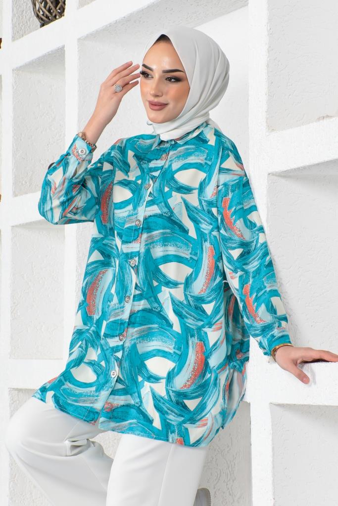 BNG Women Patterned Hijab Shirt Turquoise 8880 - Pátzcuaro