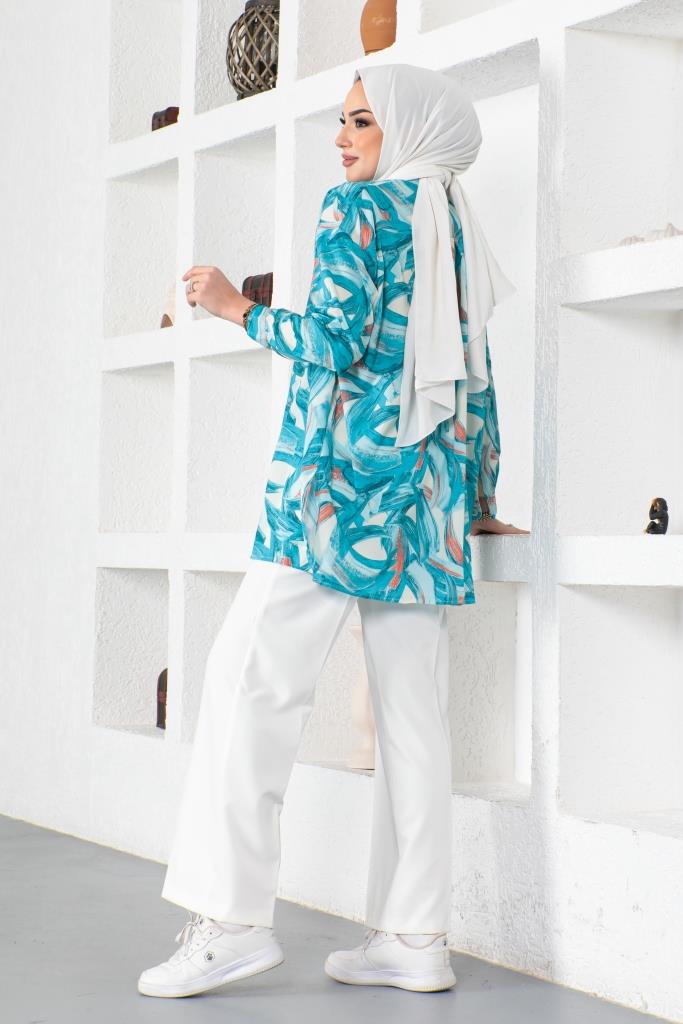 BNG Women Patterned Hijab Shirt Turquoise 8880 - Pátzcuaro