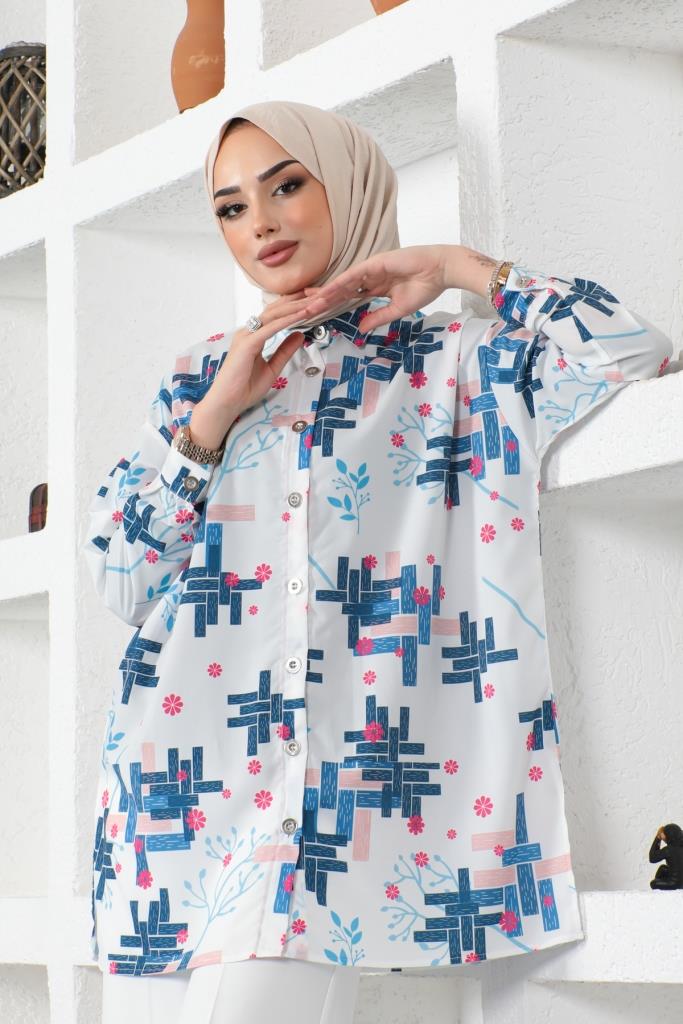 BNG قميص حجاب نسائي منقوش باللون النيلي - كليرمونت