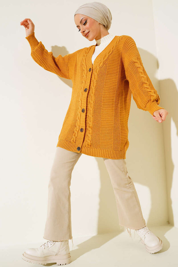 BNG Women Mustard Cardigan with Knitted Pattern and Front Buttons - Clermont