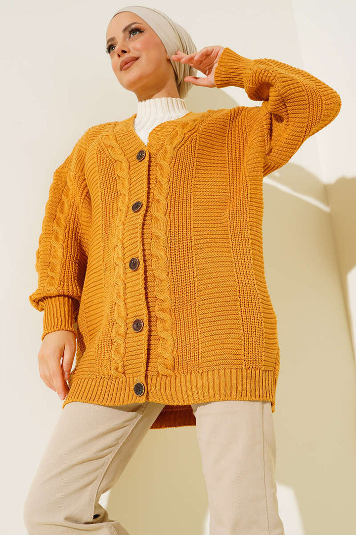 BNG Women Mustard Cardigan with Knitted Pattern and Front Buttons - Clermont