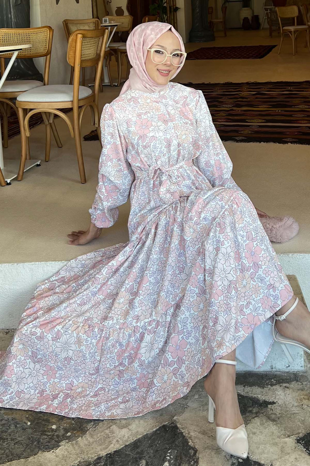 BNG Women Floral Patterned Hijab Dress Powder 502 - Gloucester