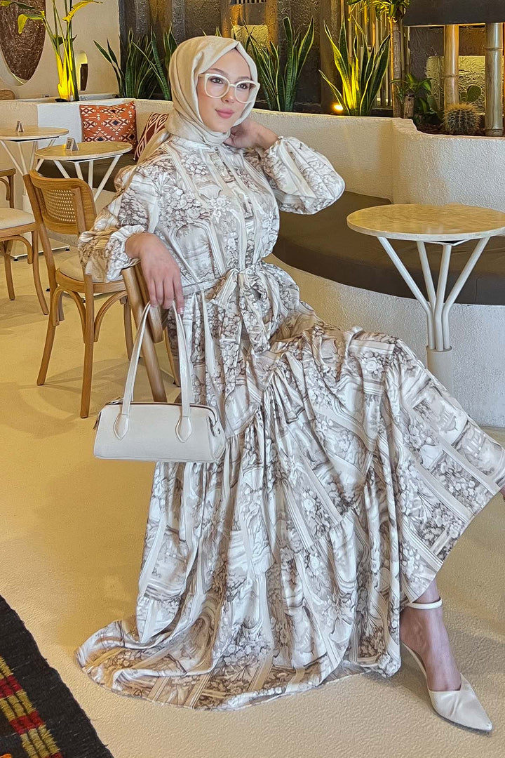 BNG Women Patterned Hijab Dress Beige 507 - Ames