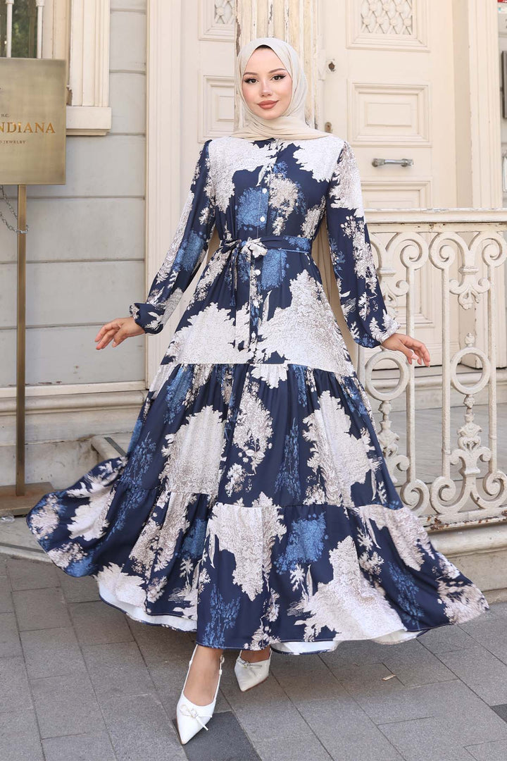 BNG Women Patterned Hijab Dress Navy Blue 508 - Exeter