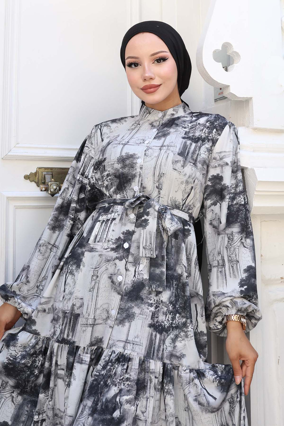 BNG Women Patterned Hijab Dress Gray 510 - Hereford