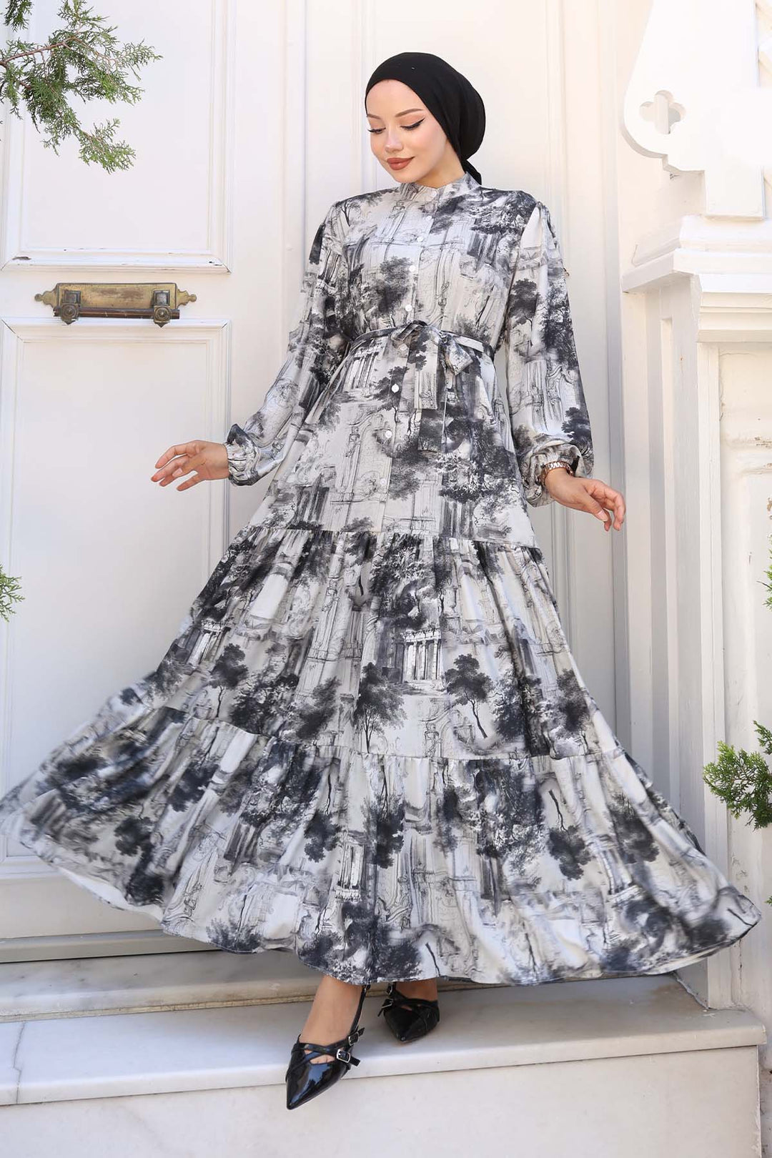 BNG Women Patterned Hijab Dress Gray 510 - Hereford