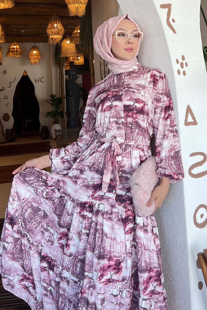 BNG Women Patterned Hijab Dress Burgundy 512 - College Station