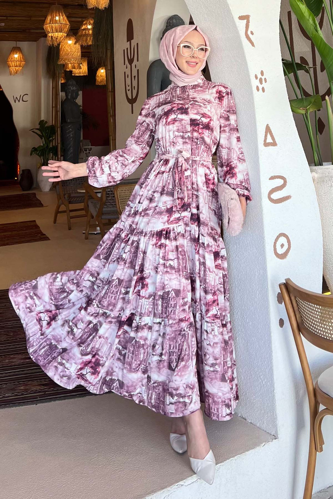 BNG Women Patterned Hijab Dress Burgundy 512 - College Station