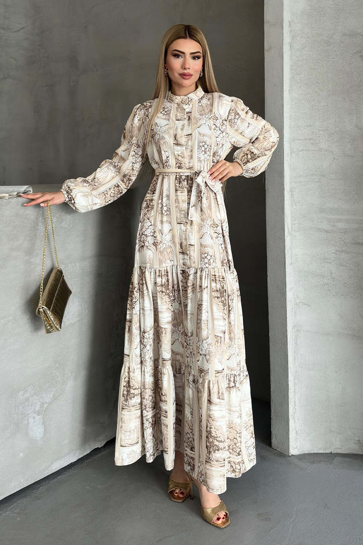 BNG Women Patterned Hijab Dress Beige 507 - Trofa