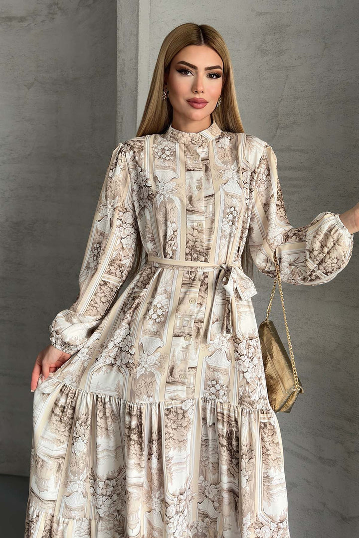 BNG Women Patterned Hijab Dress Beige 507 - Apizaco