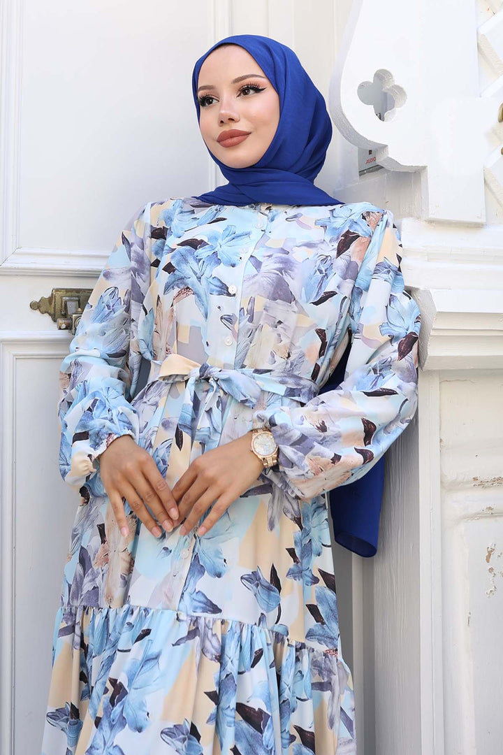 BNG Women Patterned Hijab Dress Blue 544 - Bitterfeld