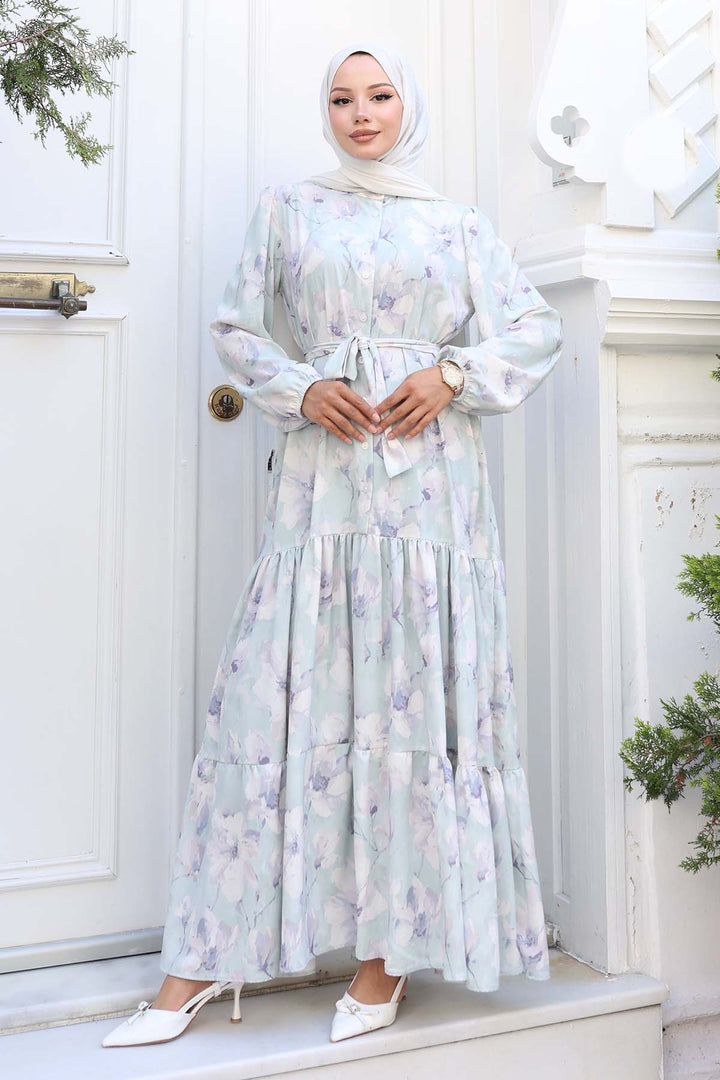 BNG Women Patterned Hijab Dress Mint Green 550 - Carmel