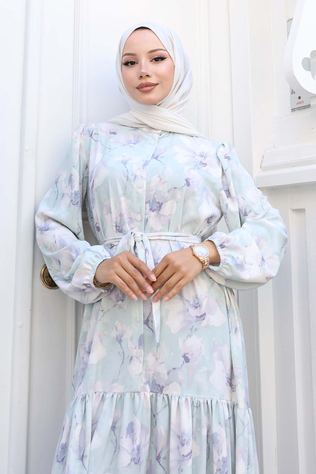 BNG Women Patterned Hijab Dress Mint Green 550 - Carmel