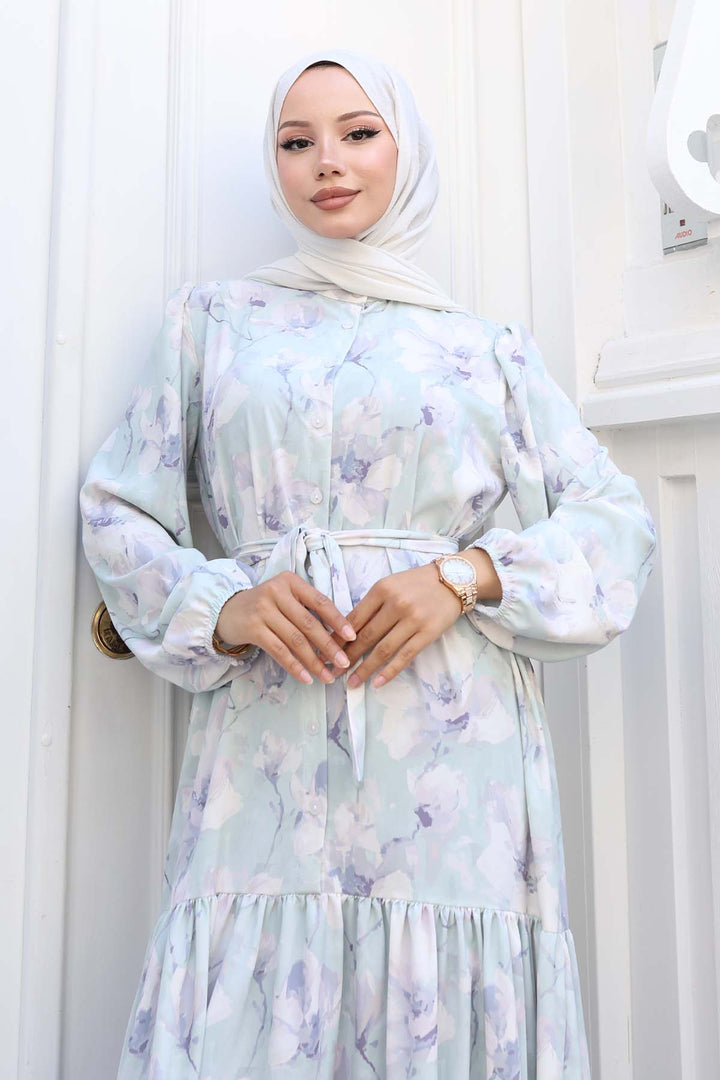 BNG Women Patterned Hijab Dress Mint Green 550 - Carmel
