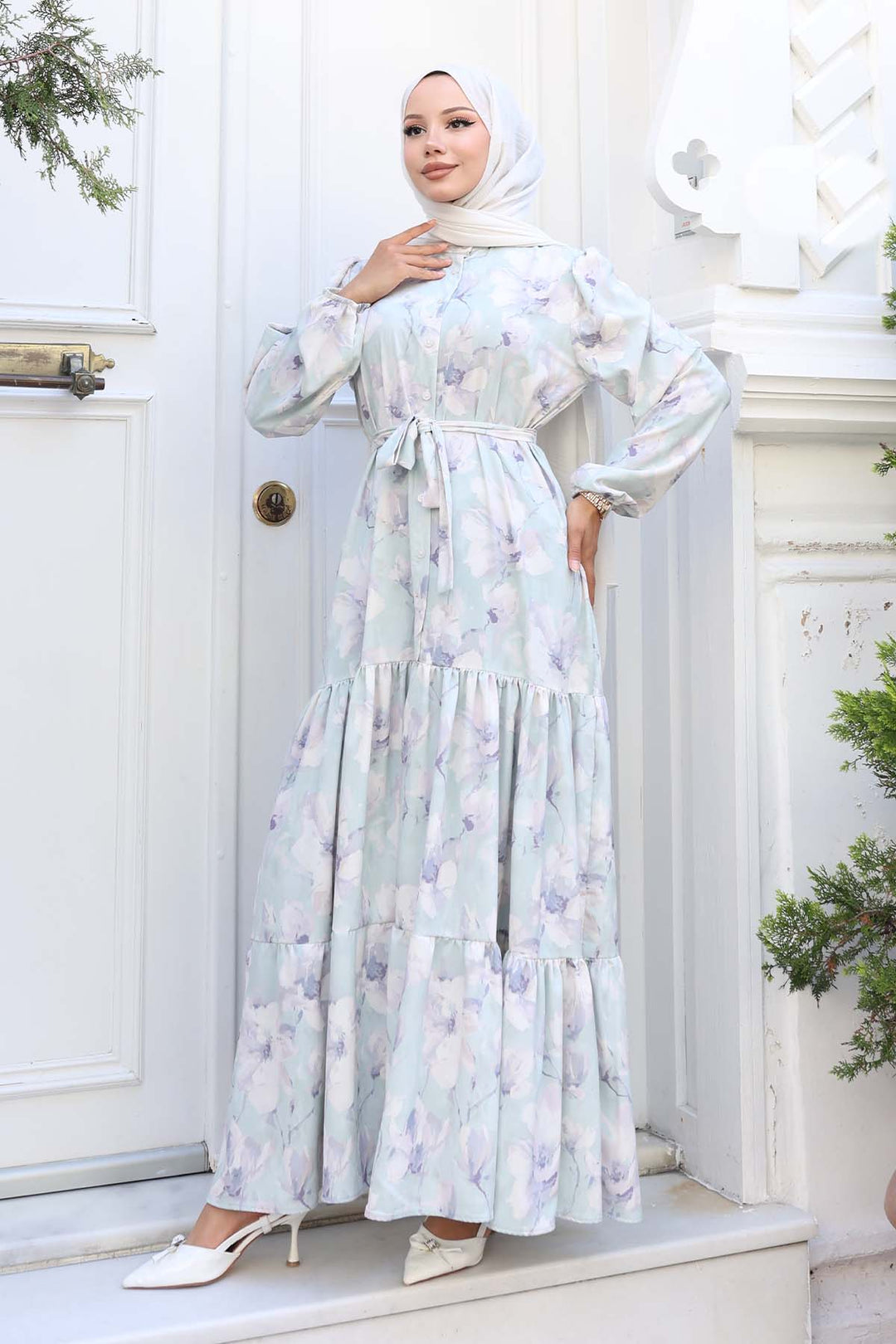 BNG Women Patterned Hijab Dress Mint Green 550 - Carmel