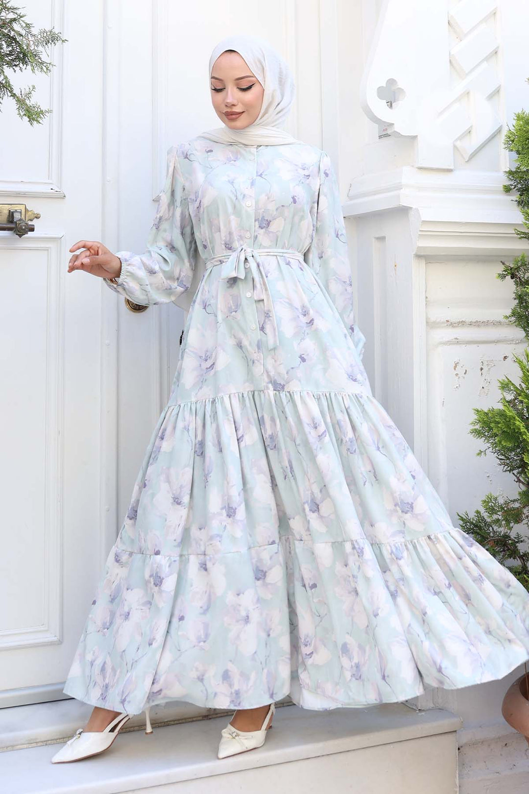 BNG Women Patterned Hijab Dress Mint Green 550 - Carmel