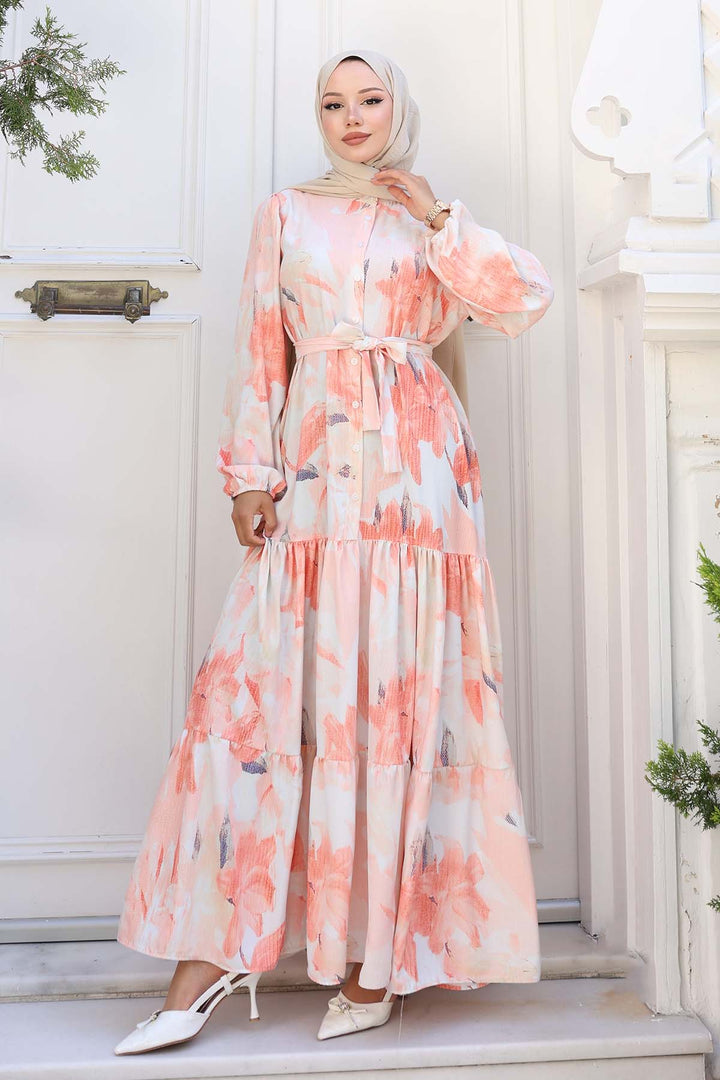 BNG Women Patterned Hijab Dress Salmon 558 - Ródos