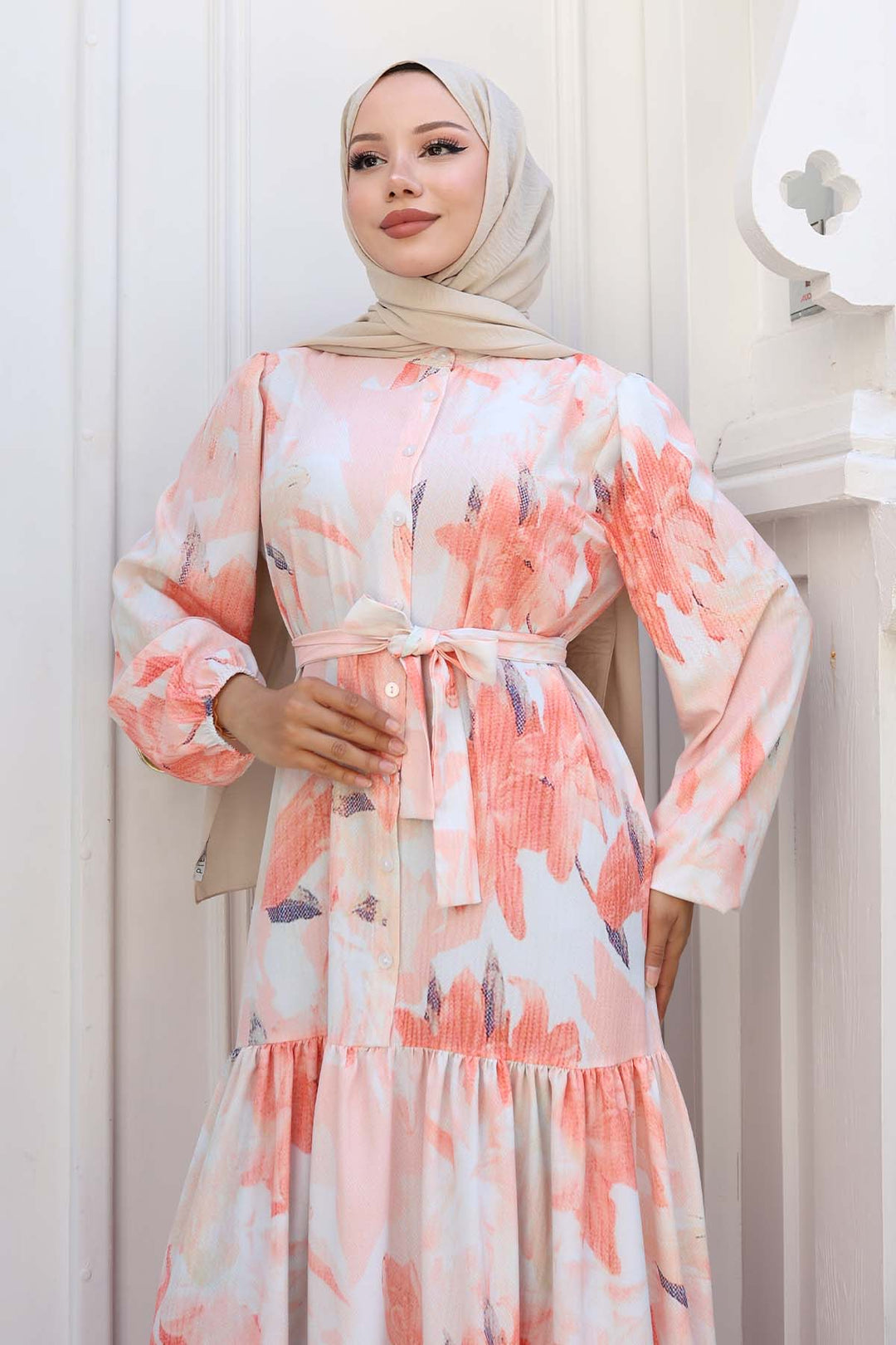 BNG Women Patterned Hijab Dress Salmon 558 - Ródos