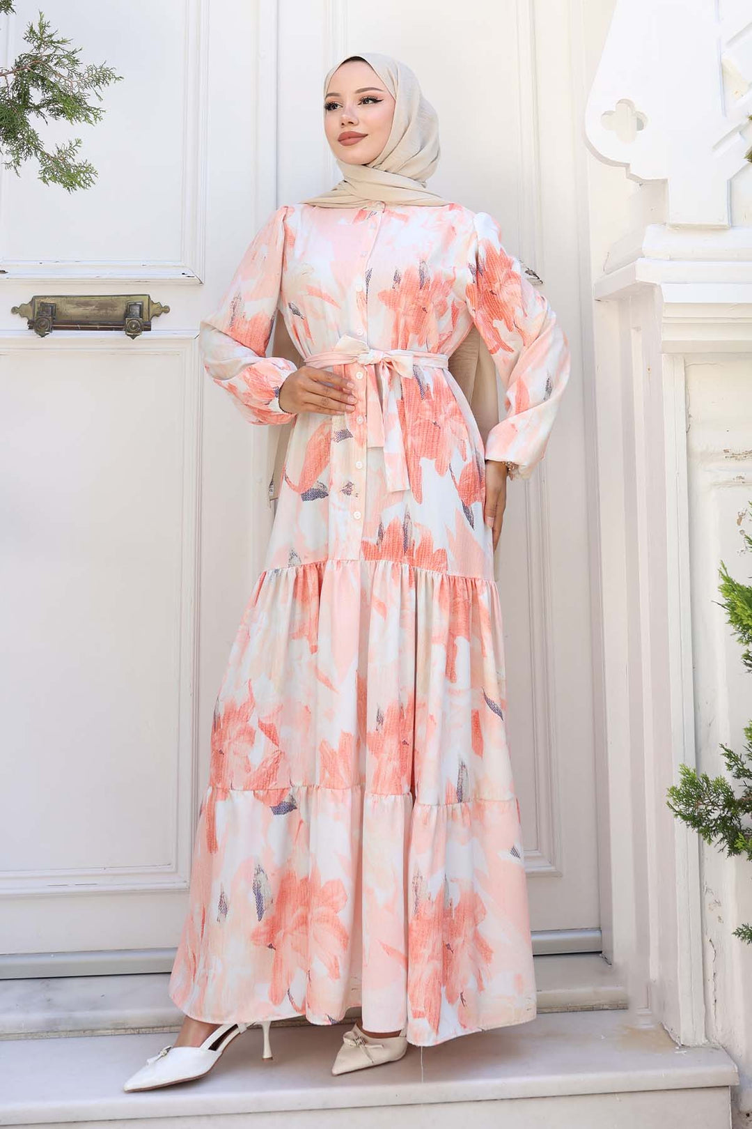 BNG Women Patterned Hijab Dress Salmon 558 - Ródos