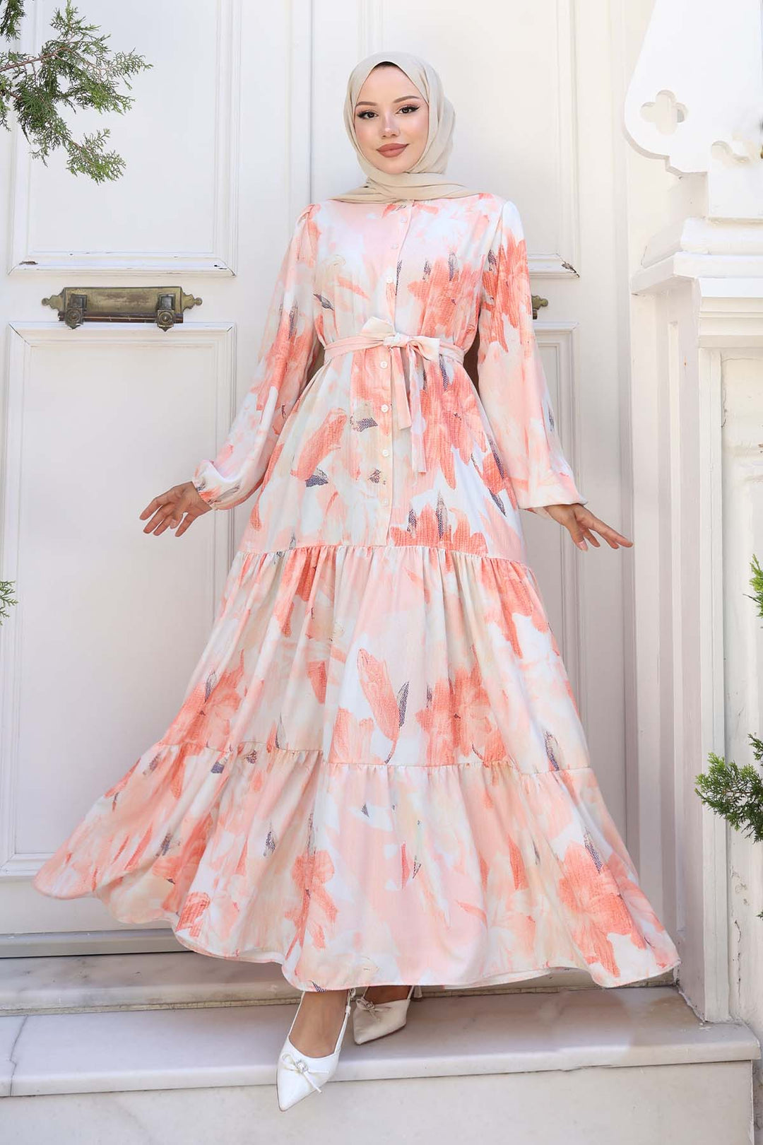 BNG Women Patterned Hijab Dress Salmon 558 - Ródos