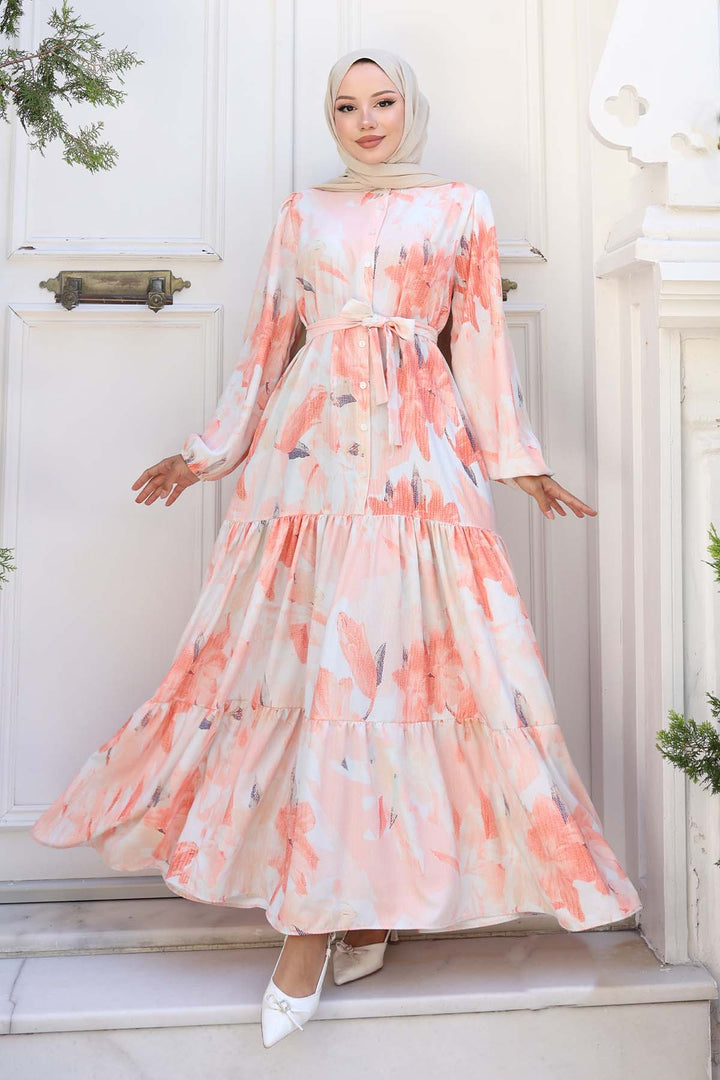 BNG Women Patterned Hijab Dress Salmon 558 - Ródos