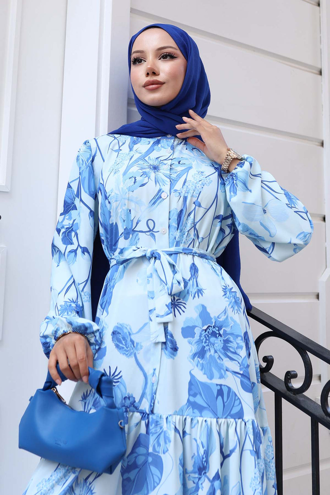 BNG Women Patterned Hijab Dress Blue 514 - Vitrolles