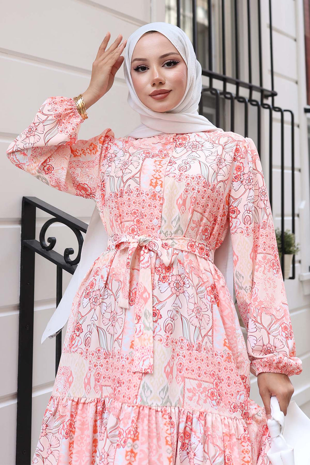BNG Women Patterned Hijab Dress Salmon 520 - Silver Spring