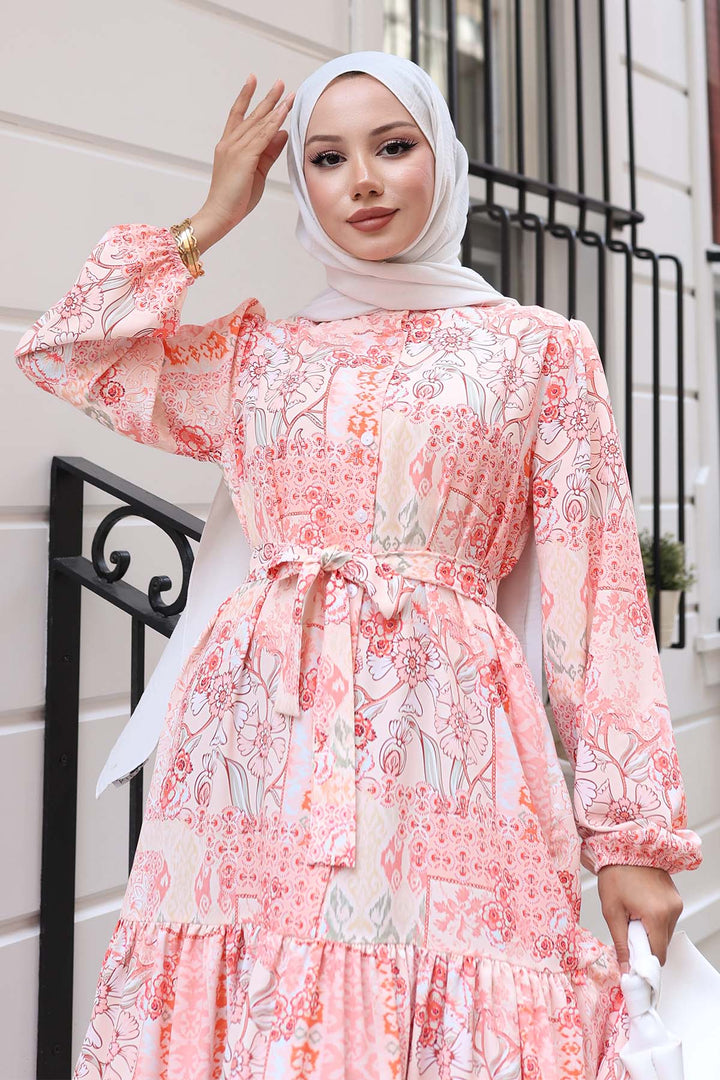 BNG Women Patterned Hijab Dress Salmon 520 - Silver Spring