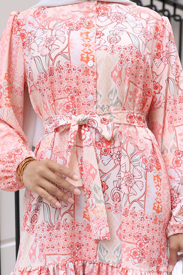 BNG Women Patterned Hijab Dress Salmon 520 - Silver Spring