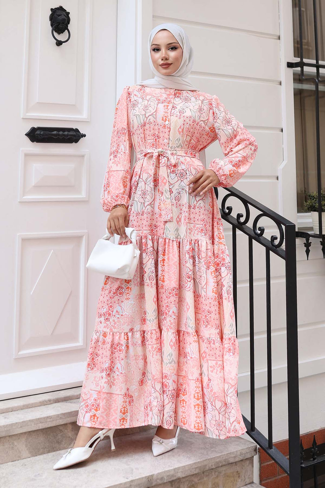 BNG Women Patterned Hijab Dress Salmon 520 - Silver Spring