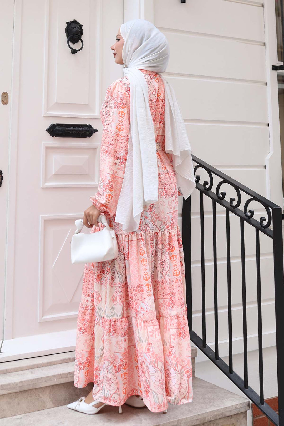 BNG Women Patterned Hijab Dress Salmon 520 - Silver Spring