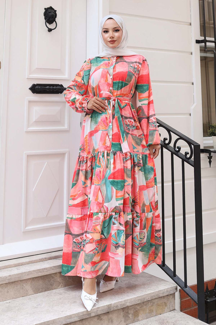 BNG Women Patterned Hijab Dress Green 522 - Pantin