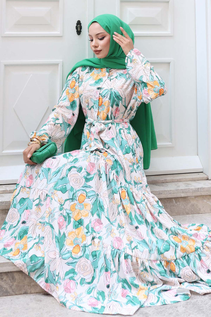 BNG Women Patterned Hijab Dress Green 523 - Calais