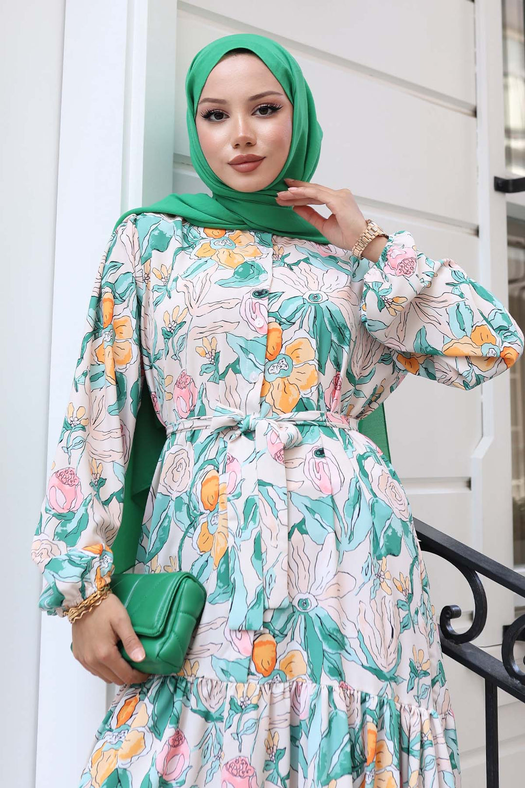 BNG Women Patterned Hijab Dress Green 523 - Calais