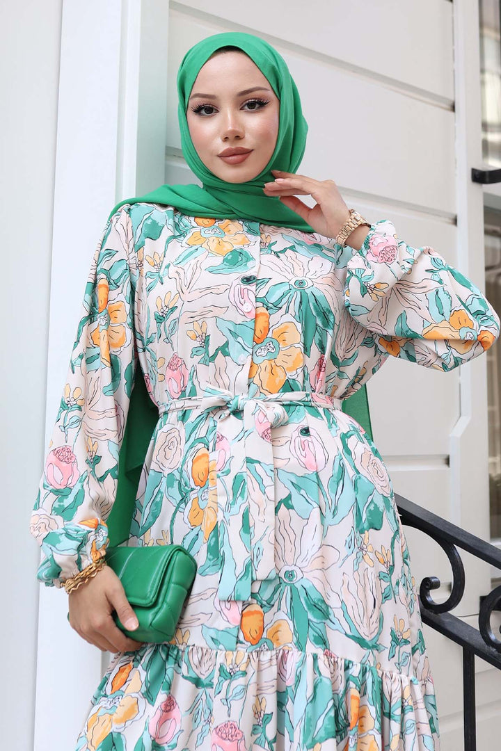 BNG Women Patterned Hijab Dress Green 523 - Calais