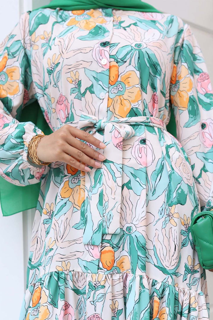 BNG Women Patterned Hijab Dress Green 523 - Calais